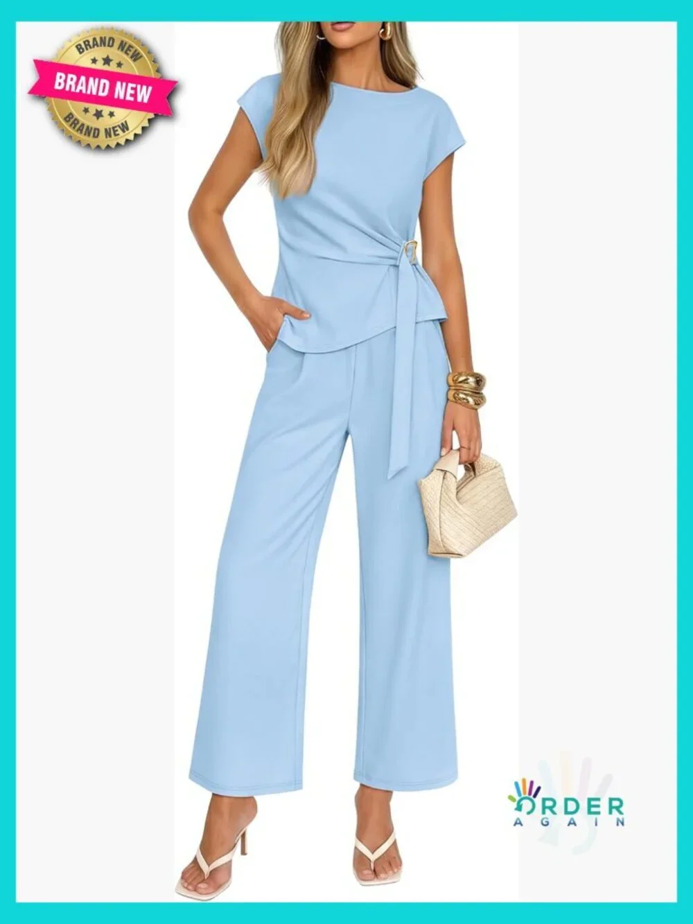 2 Piece Outfit Set Short Sleeve Knit Top Wide Leg Pants Office Work